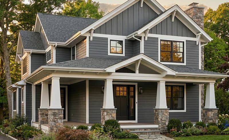 New England colonial home in Iron Gray — 2026 Color of the Year